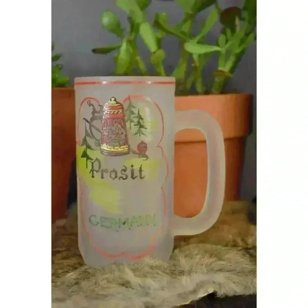 4 Frosted Beer Mugs Prosit Skol Ireland‎ glass stein vintage barware European